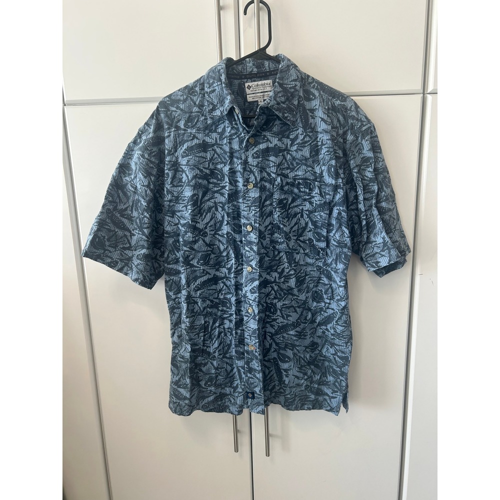 Columbia Sportswear Mens Blue Fish Print Short‎ Sleeve Button Down Shirt Size M